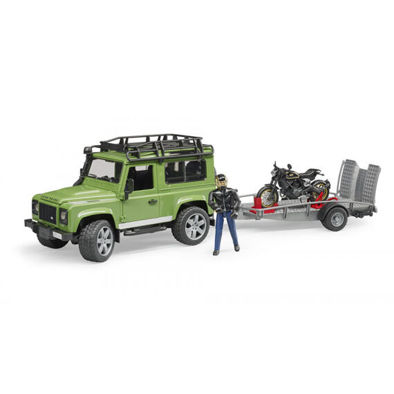 Land Rover Defender mit Anhänger, Ducati Scrambler Cafe Racer und Fahrer - Bruder 2598