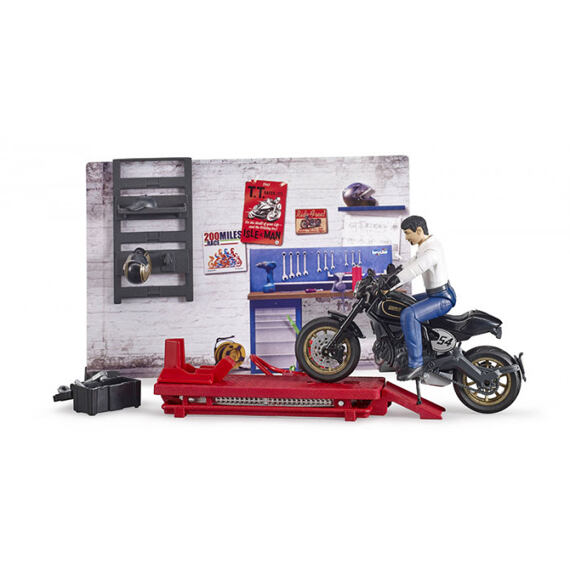 Motorradwerkstatt mit Motorrad und Figur - Bruder 62101